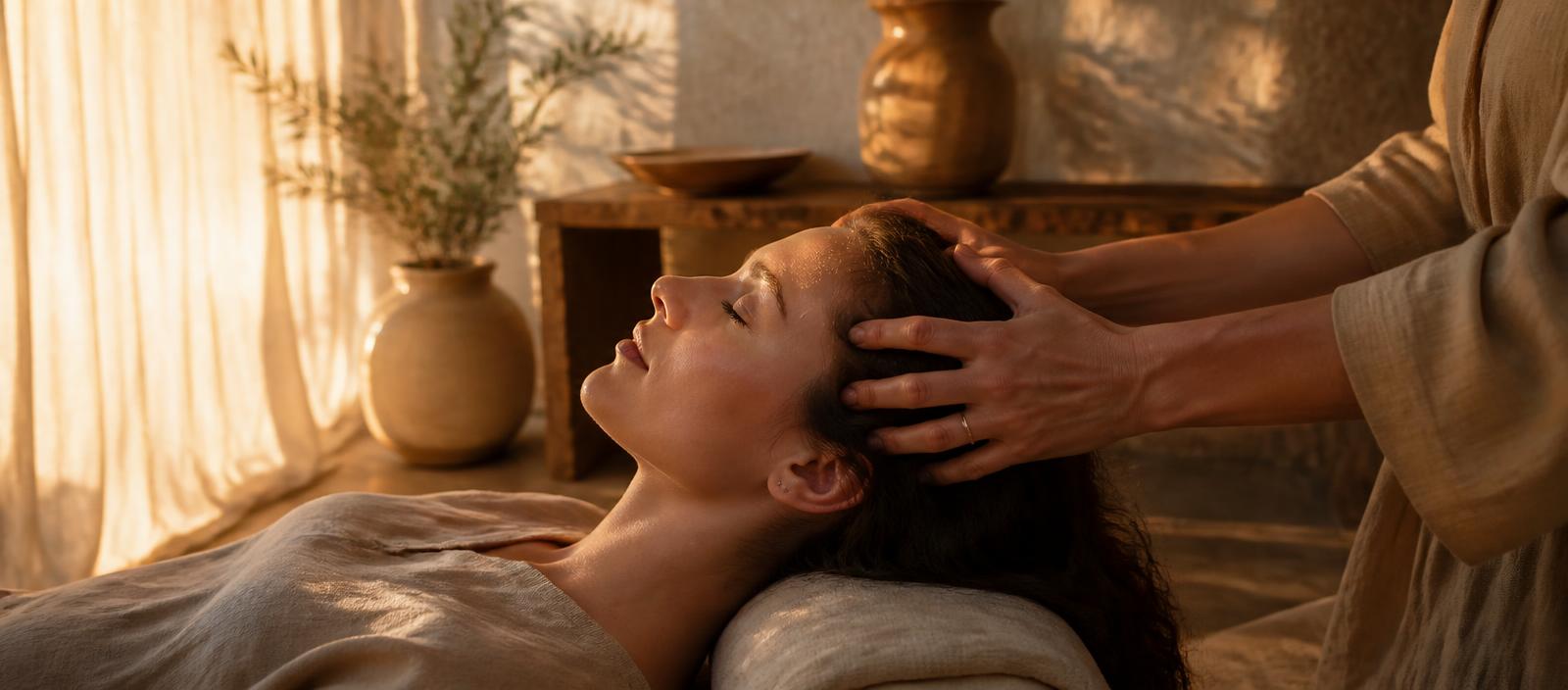 Mains élégantes réalisant un massage du cuir chevelu à la lumière dorée du soir