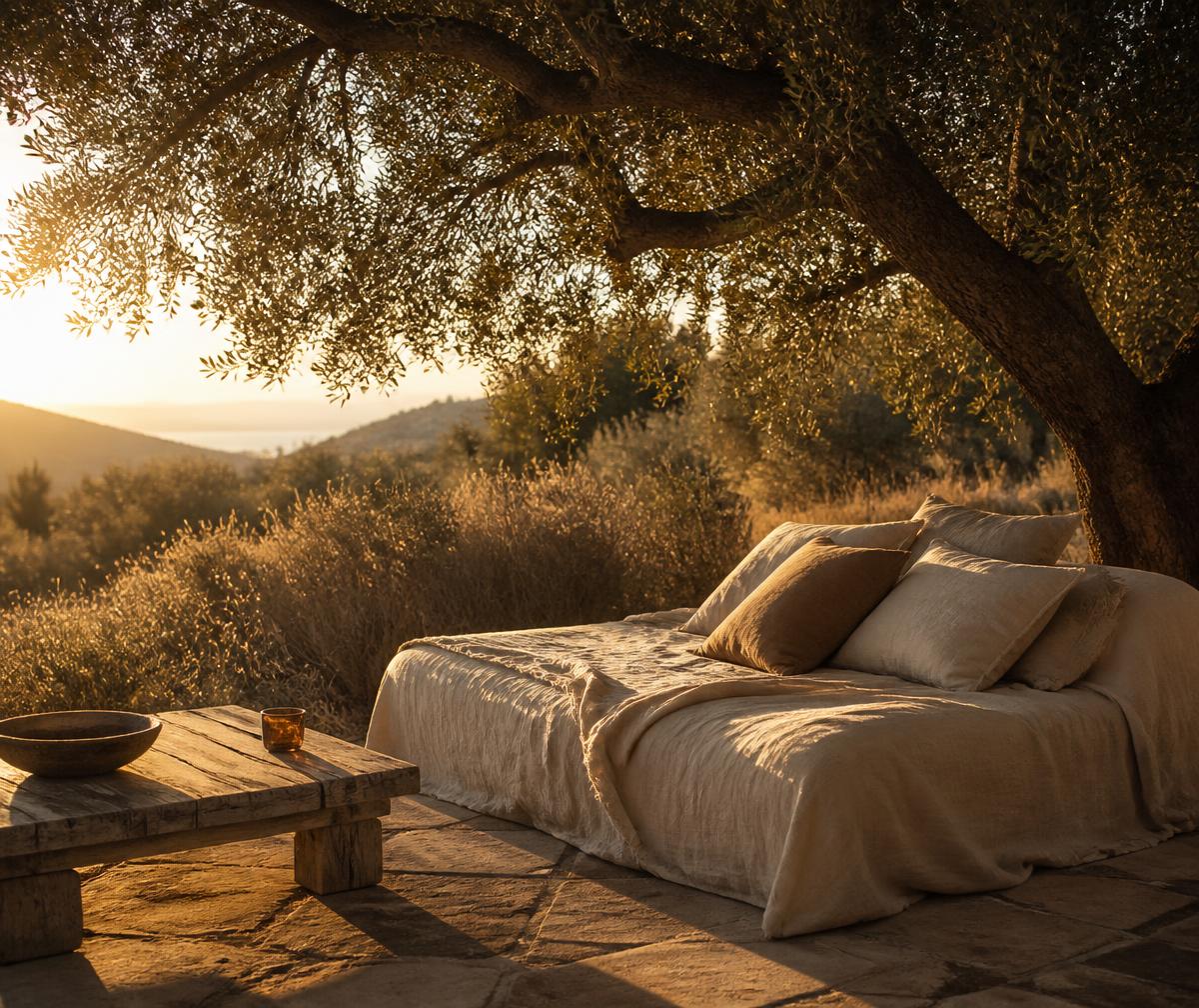 Lieu privé et fermé au cœur de la nature, sous les oliviers au soleil couchant