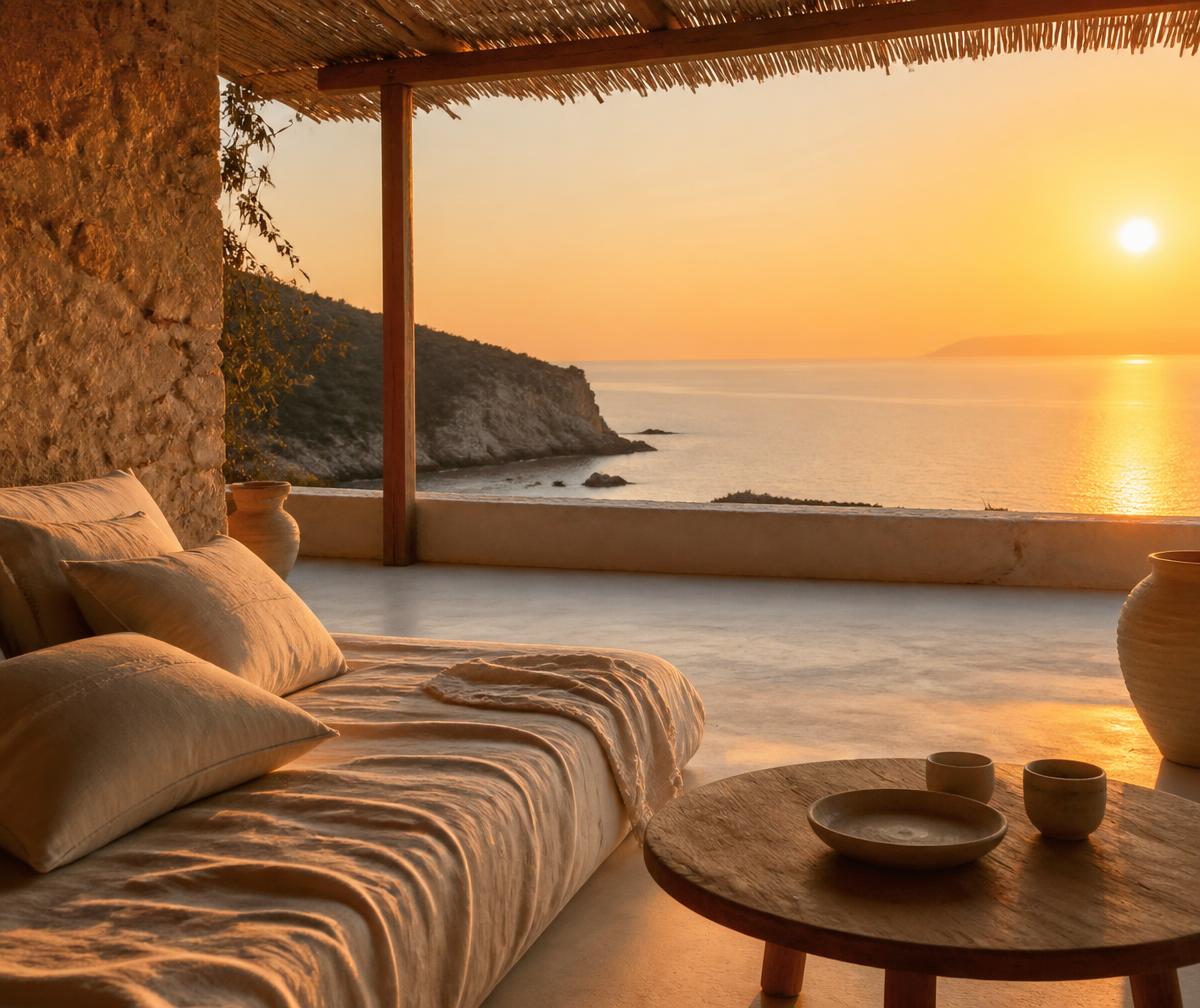 Terrasse privée et fermée au bord de la mer au coucher du soleil