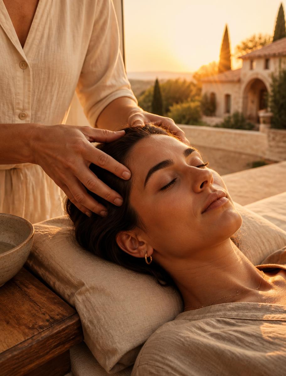 Massage de la tête et du cuir chevelu dans une lumière chaude de fin de journée